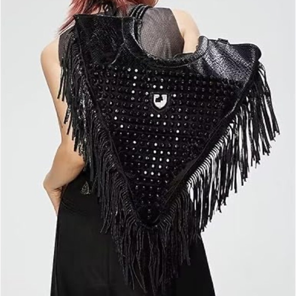 Black Fringe Studded Gothic Punk Rivet Fringe Shoulder Bag Agrippa brand purse - Picture 2 of 13